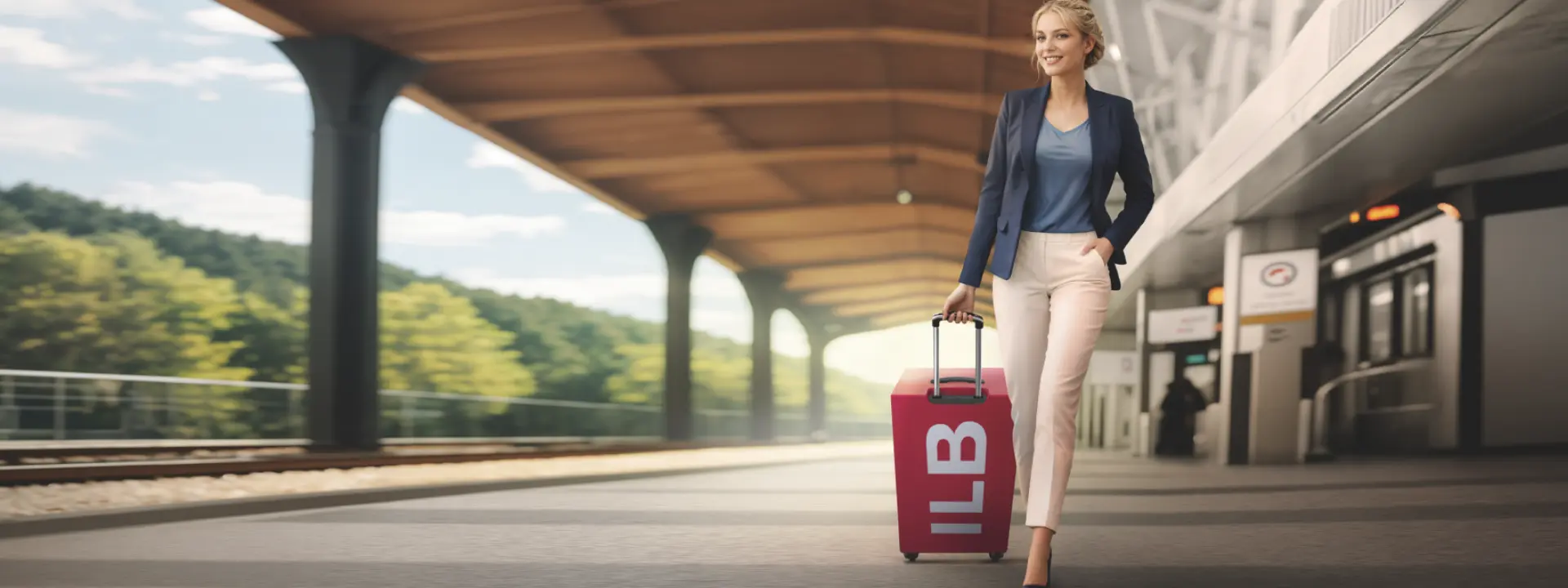 Eine Frau steht auf einem Bahnsteig mit einem Koffer, der wie ein ILB-Logo aussieht