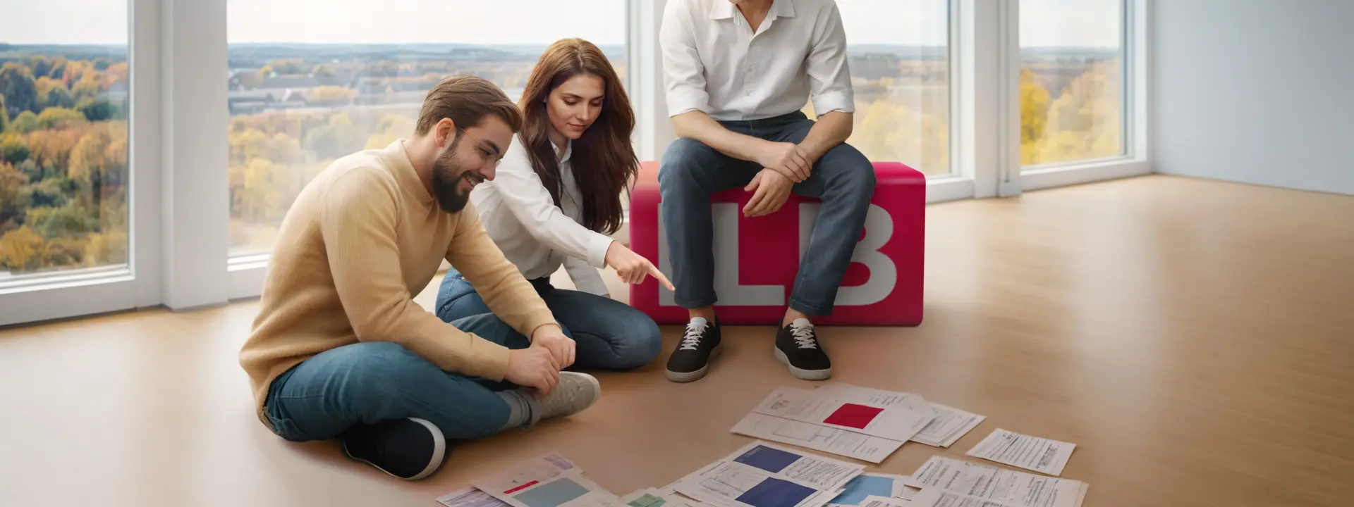 Drei junge Leute sitzen in einem modernen Raum mit großen Fenstern und weitem Blick über die Stadt vor ausgebreiteten Arbeitsblättern auf dem Boden.